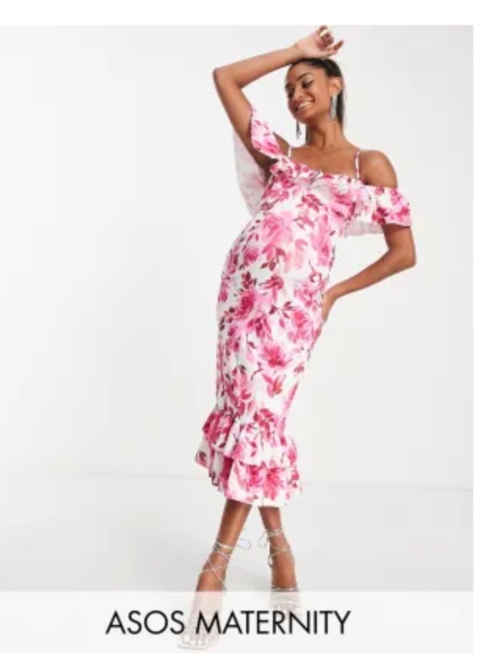 ASOS DESIGN Maternity ruffle midi dress in pink floral print